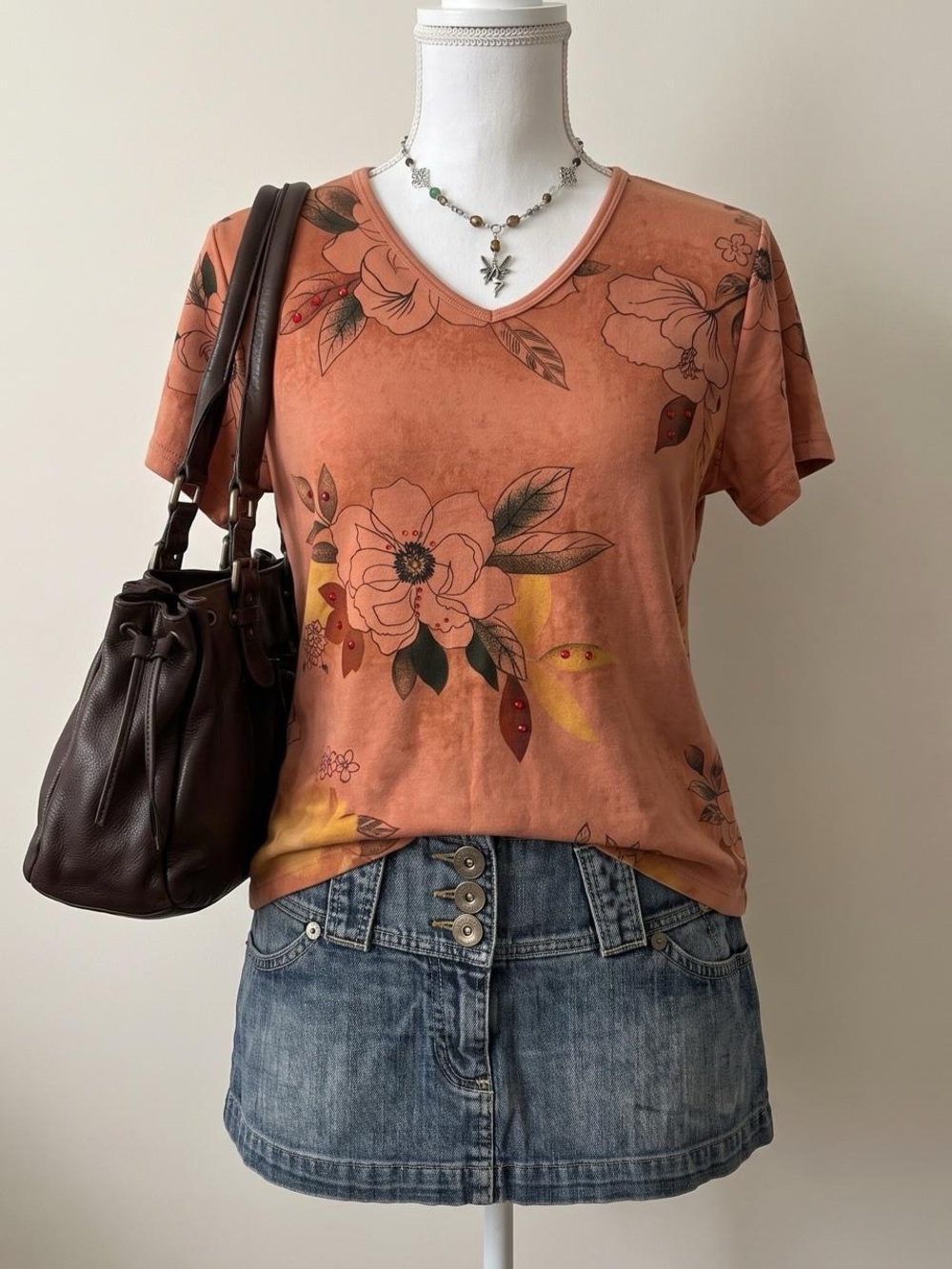vintage fall themed fairy cottagecore orange floral embellished short sleeve l